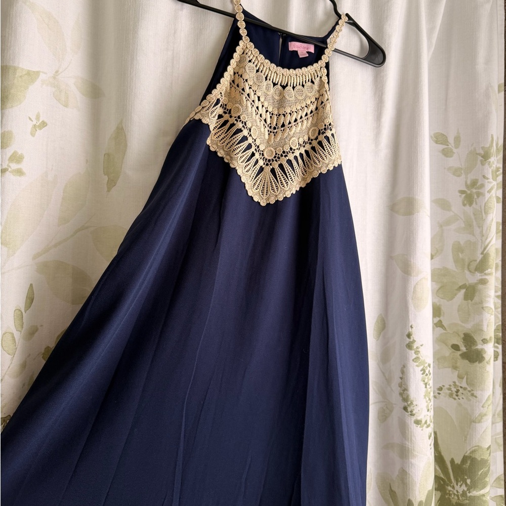 Lilly Pulitzer Navy Dress with Gold Crochet Detail
